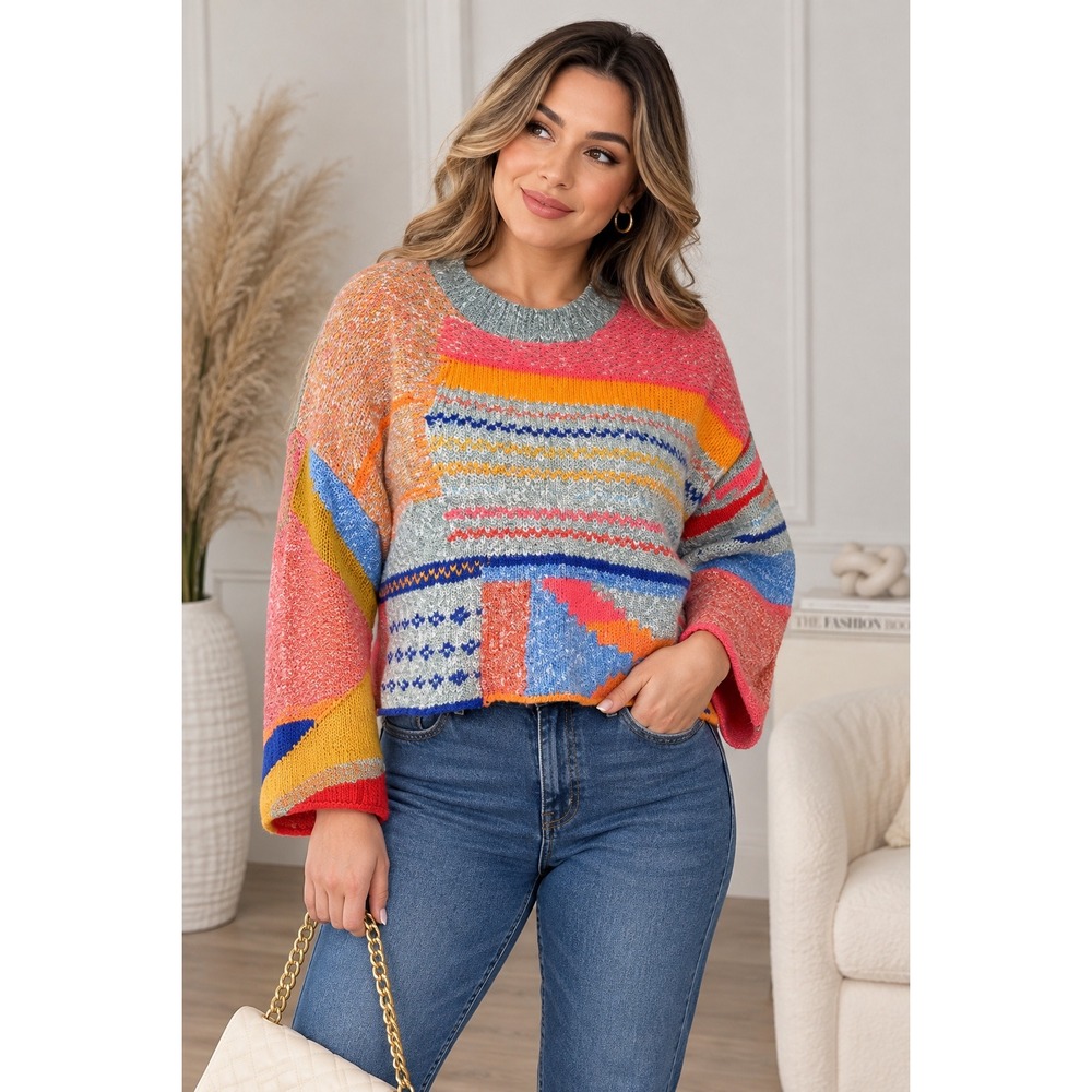 Moon & Madison Multicolor Patchwork Knit Wool Blend Sweater size S NWT